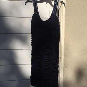 Navy cocktail dress with beaded neckline